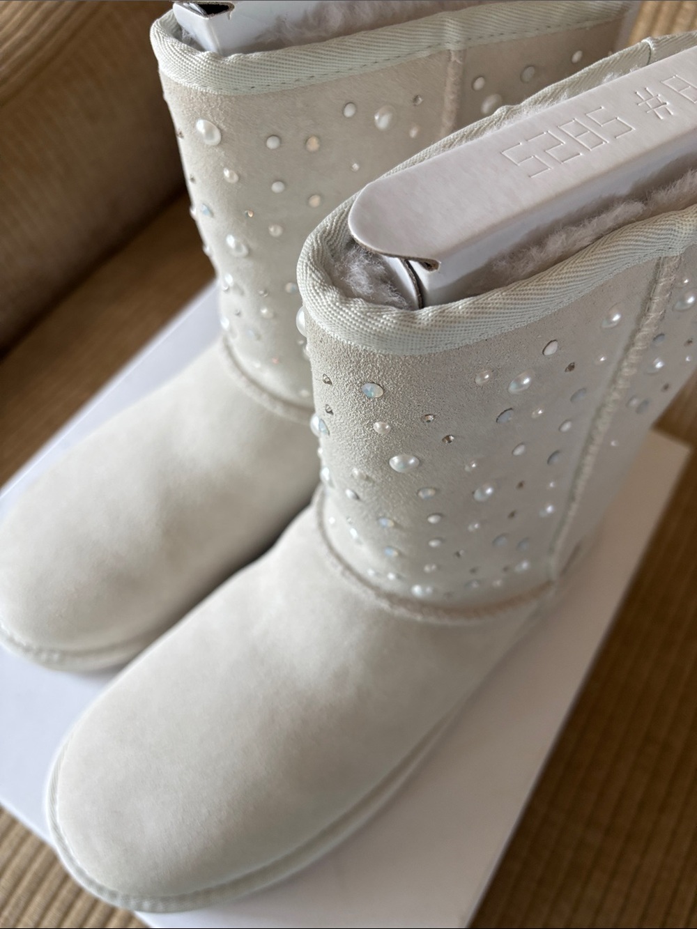 UGG NEW Ivory Suede Pearl & Crystal Embellished Ankle Boots - Picture 3 of 6